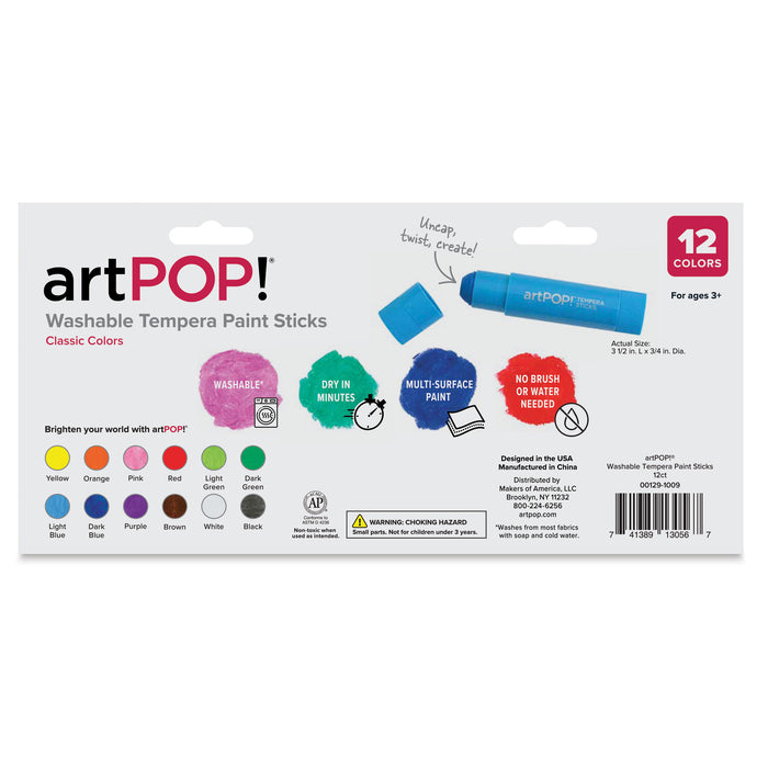 artPOP! Washable Tempera Paint Stick Set - Set of 12, Classic Colors, back of packaging
