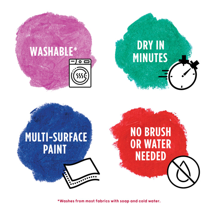 artPOP! Washable Tempera Paint Stick Set of 24, Classic, Neon, and Metallic Colors, features