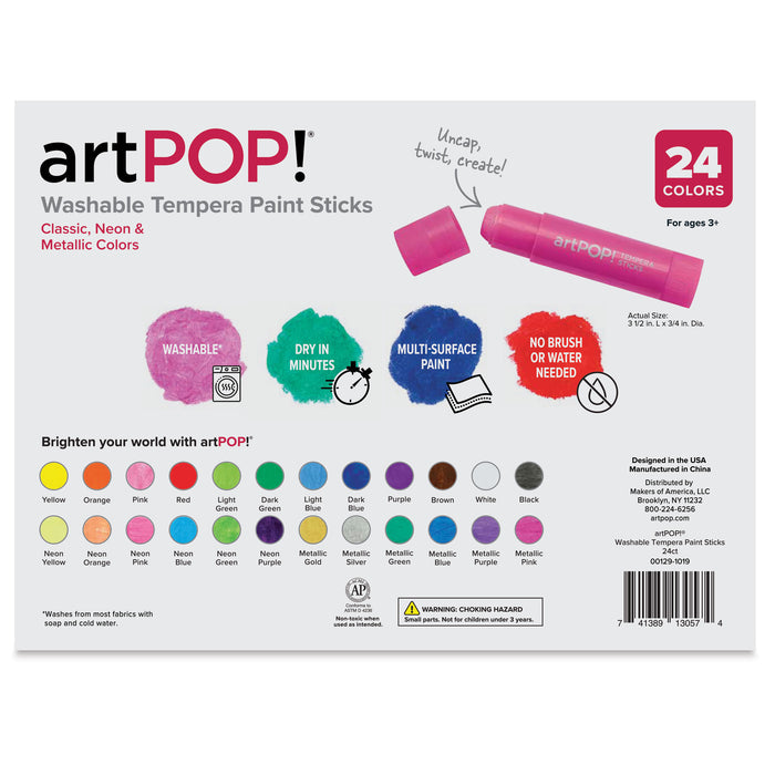 artPOP! Washable Tempera Paint Stick Set - Set of 24, Classic, Neon, and Metallic Colors, back of packaging