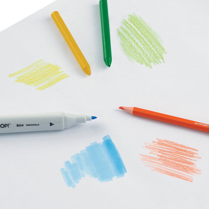 artPOP! Kids Craft Paper Roll - White, 12" x 30 ft, marker, crayons, and pencil swatches on paper