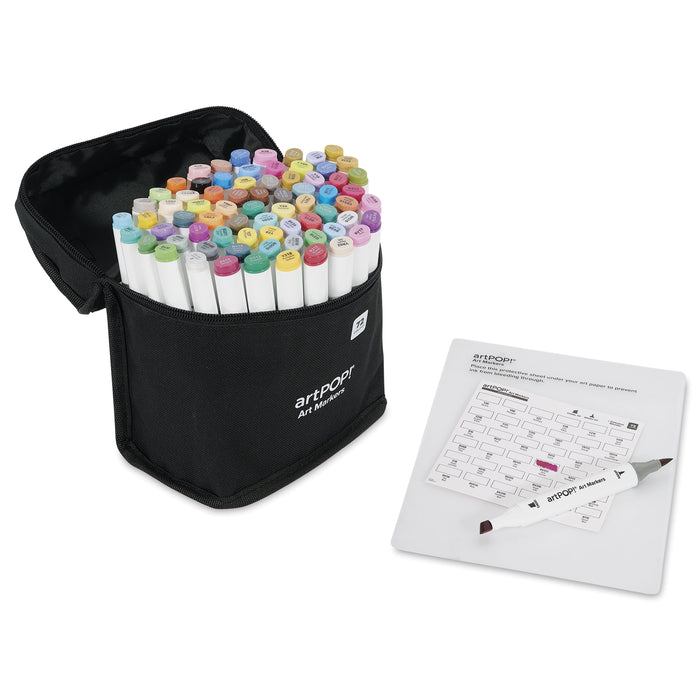 artPOP! Chisel and Brush Dual Tip Alcohol Art Marker Set - Set of 73, Assorted, swatch card next to open packaging