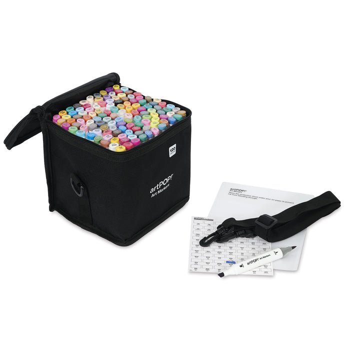 artPOP! Chisel and Brush Dual Tip Alcohol Art Marker Set - Set of 121, Assorted, swatch card next to open packaging