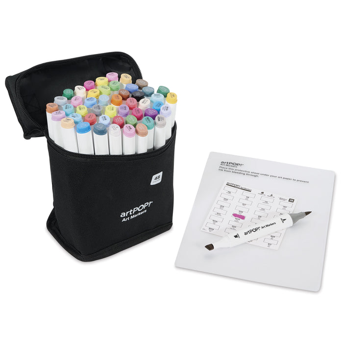 artPOP! Chisel and Brush Dual Tip Alcohol Art Marker Set - Set of 49, Pastel, swatch card next to open packaging