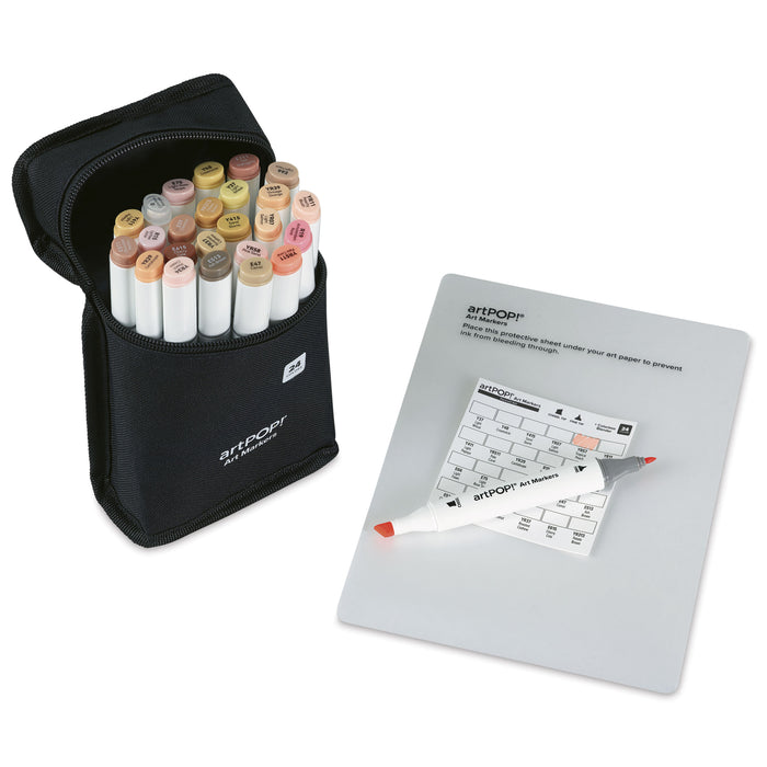artPOP! Chisel and Fine Dual Tip Alcohol Art Marker Set - Set of 25, Portrait, swatch card next to packaging