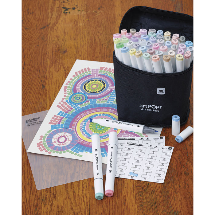 artPOP! Chisel and Fine Dual Tip Alcohol Art Marker Set - Set of 49, Pastel, drawing and contents on desk